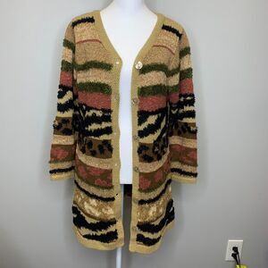 Susan Bristol Women Cardigan Cotton Blend Animal Print Colorful Sweater Petite S